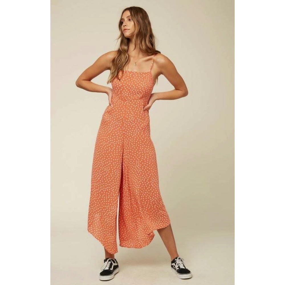 O'Neill Womens Polka Dot Jaladra Brunch Jumpsuit Orange Cutout Back Size M
